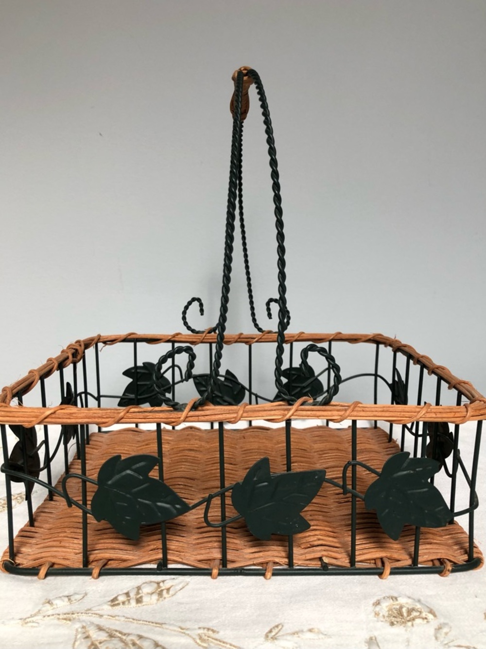 Vintage Wicker & Wrought Iron Oval Basket with Leaf Accents